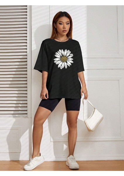 Papatya Baskılı Siyah Oversize T-Shirt Salaş Boyfirend fiyatları