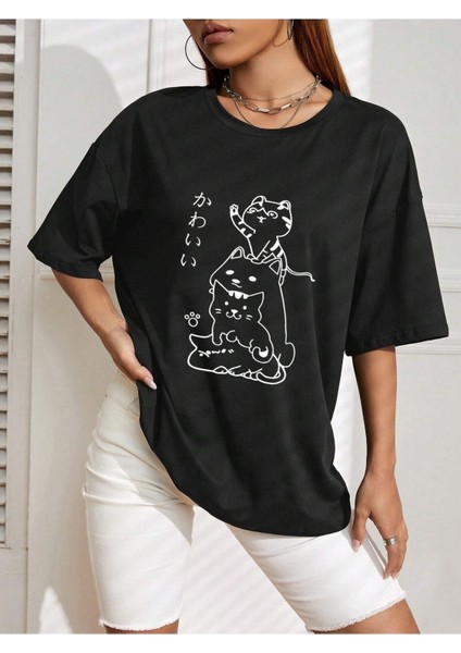 Sevimli Kediler Baskılı Oversize T-Shirt Salaş Boyfirend