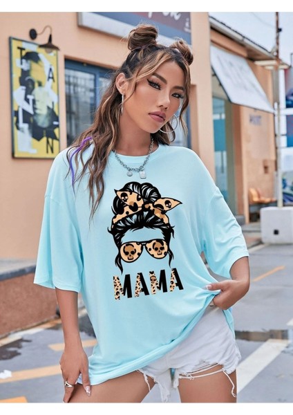 Mama Leopar Baskılı Oversize T-Shirt Salaş Boyfirend