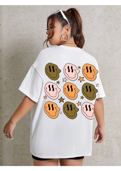 Smiles Sırt Baskılı Beyaz Oversize T-Shirt Salaş Boyfirend