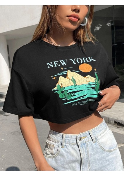 Kadın Crop Oversize New York Baskılı