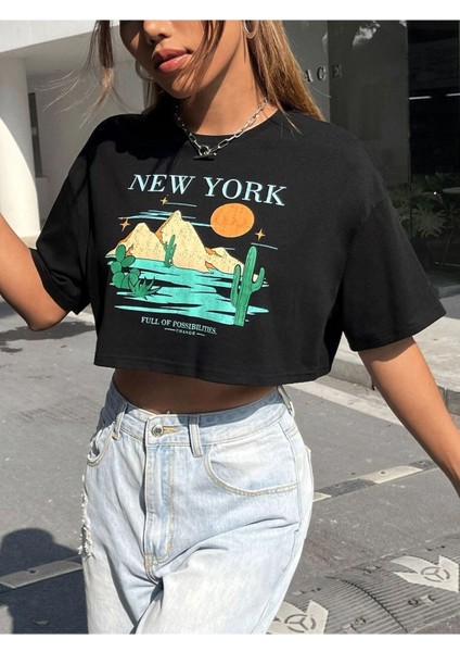 Kadın Crop Oversize New York Baskılı modelleri
