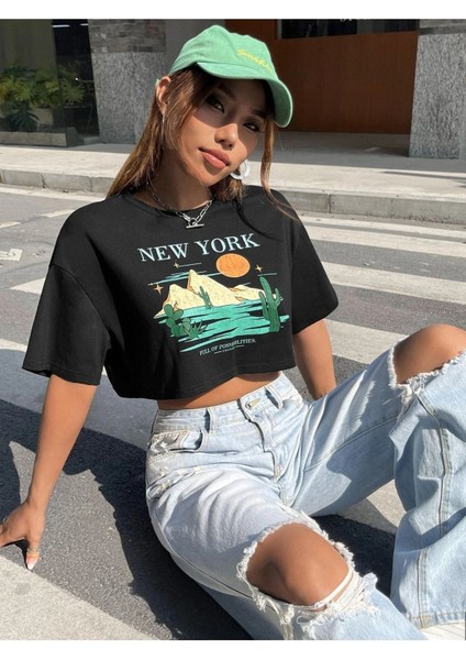 Kadın Crop Oversize New York Baskılı indirimleri