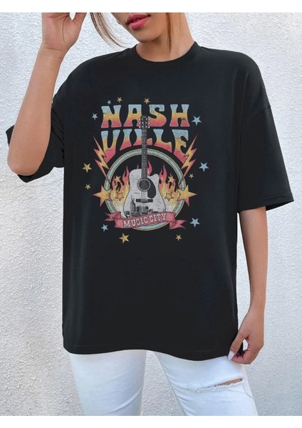 Siyah Oversize T-Shirt Nash Vılle Baskılı
