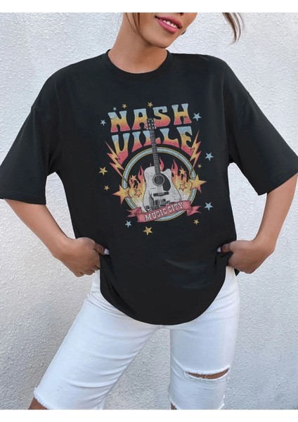 Siyah Oversize T-Shirt Nash Vılle Baskılı fırsatları