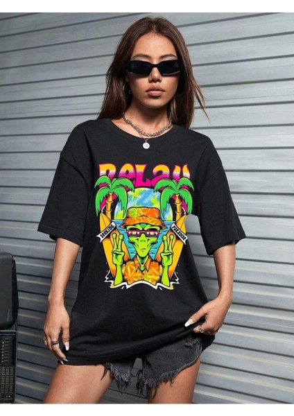 Siyah Oversize T-Shirt Paradise Baskılı
