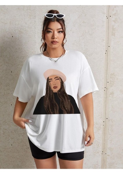 Brown Hair Woman Baskılı Kadın Oversize Beyaz Salas T-Shirt Boyfriend
