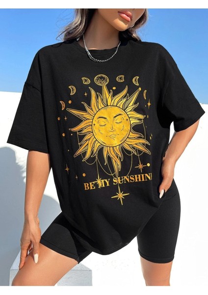 Sunshine Baskılı Siyah Oversize T-Shirt Salaş Boyfirend fiyatları