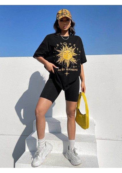 Sunshine Baskılı Siyah Oversize T-Shirt Salaş Boyfirend modelleri