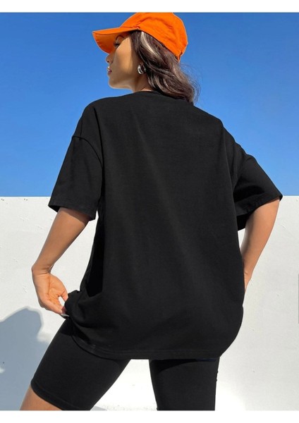 Sunshine Baskılı Siyah Oversize T-Shirt Salaş Boyfirend fırsatları