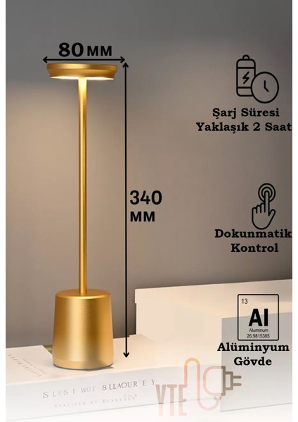 Elite Masa/gece Lambası 3 Renk Şarjlı Dokunmatik Dimlenebilir Gold Fonksiyonlu