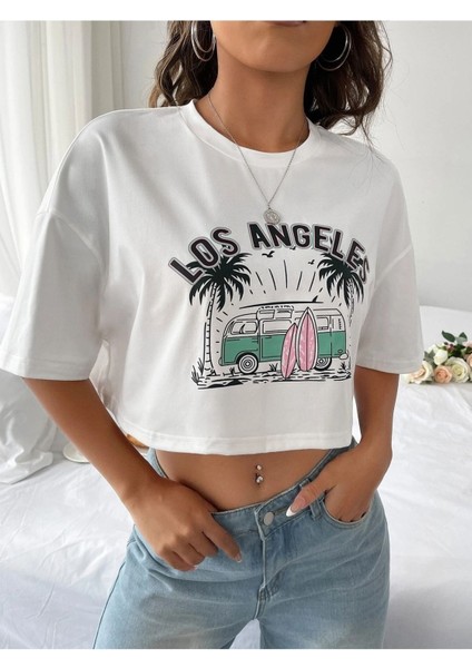 Kadın Crop Oversize Los Angels Baskılı