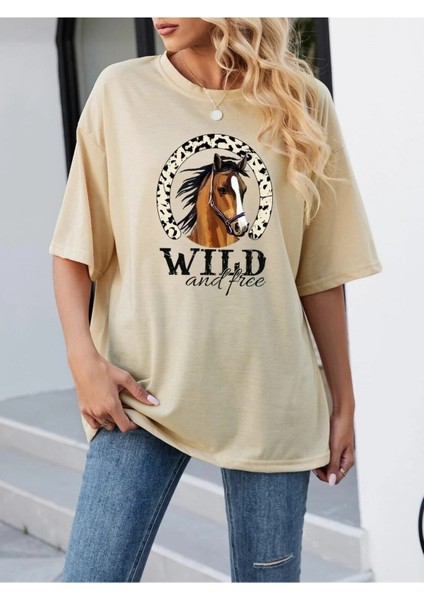 Bej Oversize T-Shirt Wild Baskılı