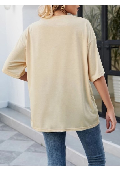 Bej Oversize T-Shirt Wild Baskılı modelleri