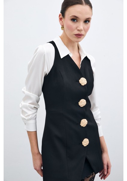 Gold Düğmeli Yelek - Siyah indirimleri