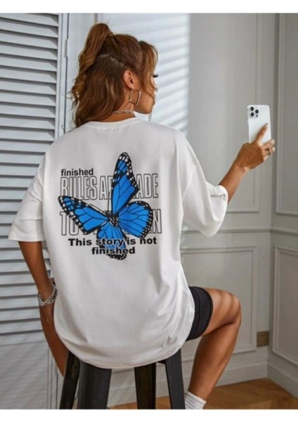 Kadın Beyaz Oversize Finished Bules Baskılı T-Shirt fiyatları