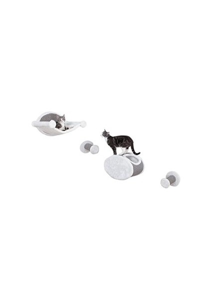 Duvara Monte Kedi Uzanma Seti, Hamak ve Iki Basamaklı Kedi Kulübesi, Kedi Mobilyası, Tırmalama Direği, Gri