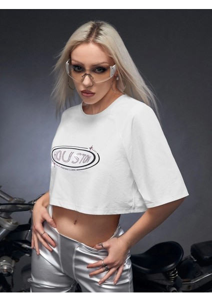 Kadın Crop Oversize Houston Baskılı