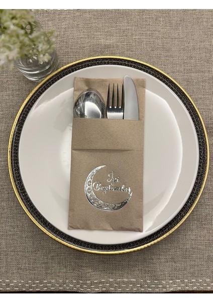 Gümüş Yaldızlı Kraft Ay Desenli Iyi Bayramlar Cepli Peçete 12 Lı