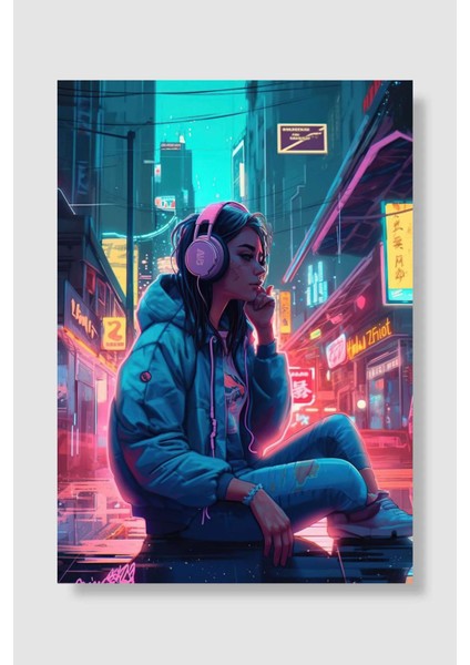 Neon Lofi Cyberpunk Araba Poster Çerçevesiz Yüksek Kalite Araba Afiş Duvar Poster