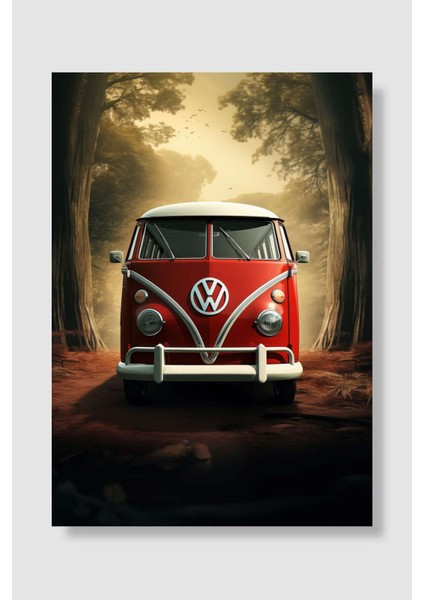 Red Vw T1 Bus In Forest Araba Poster Çerçevesiz Yüksek Kalite Araba Afiş Duvar Poster