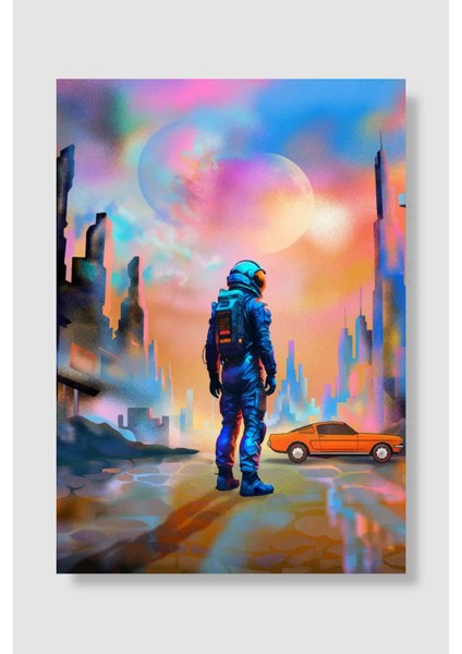 Astronaut In A Futuristic City Araba Poster Çerçevesiz Yüksek Kalite Araba Afiş Duvar Poster