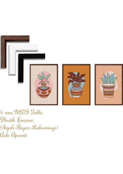 Bohem Tarz Mdf Plastik Çerçeveli 3'lu Dekoratif Tablo 85