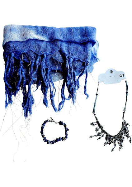 Simli Püskül Detaylı Fular Şal Lapis Lazuli Bileklik & Kolye Set Anneler Günü Doğum Günü Hediye Mavi