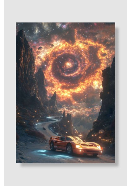 Cosmic Landscape And Retro Car Araba Poster Çerçevesiz Yüksek Kalite Araba Afiş Duvar Poster