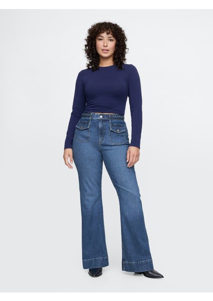 Kadın Mavi High Rise Braided '70S Flare Jean Pantolon indirimleri