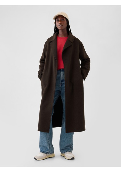 Kadın Kahverengi Yün Karışımlı Kemer Detaylı Kaban