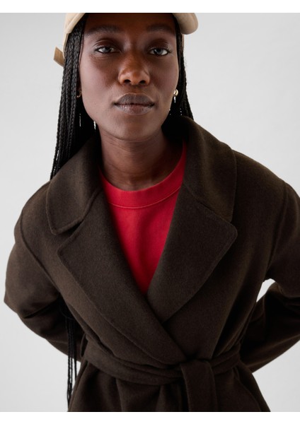 Kadın Kahverengi Yün Karışımlı Kemer Detaylı Kaban modelleri