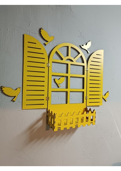 Sarı Renk Panjur Kuşlu Pencere Temalı Çiçeklik Ahşap Mdf Lazer Kesim 3mm Duvar Süsü