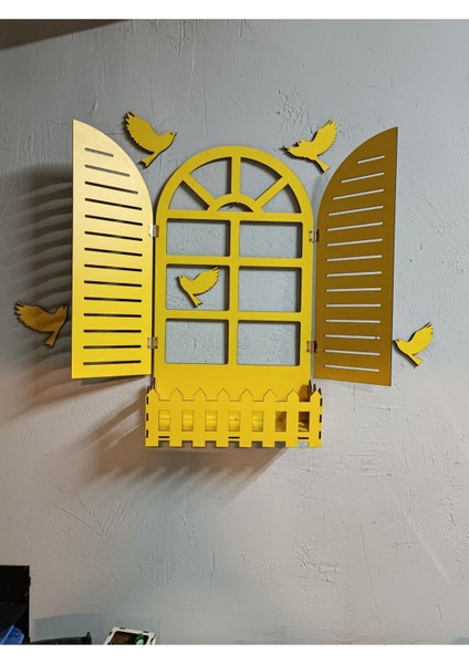 Sarı Renk Panjur Kuşlu Pencere Temalı Çiçeklik Ahşap Mdf Lazer Kesim 3mm Duvar Süsü fiyatları