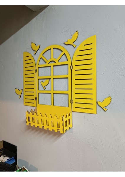 Sarı Renk Panjur Kuşlu Pencere Temalı Çiçeklik Ahşap Mdf Lazer Kesim 3mm Duvar Süsü modelleri