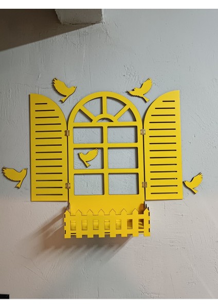 Sarı Renk Panjur Kuşlu Pencere Temalı Çiçeklik Ahşap Mdf Lazer Kesim 3mm Duvar Süsü fırsatları