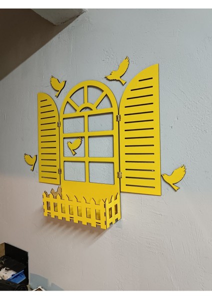Sarı Renk Panjur Kuşlu Pencere Temalı Çiçeklik Ahşap Mdf Lazer Kesim 3mm Duvar Süsü indirimleri