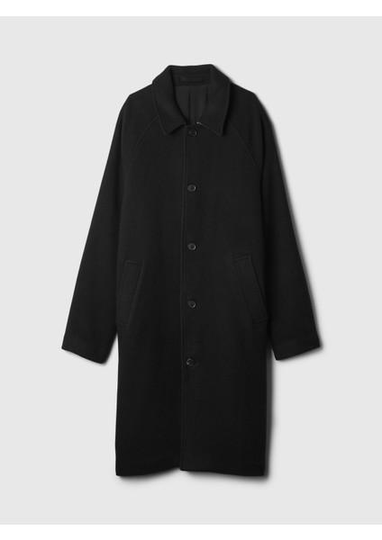 Erkek Siyah Yün Karışımlı Oversize Kaban
