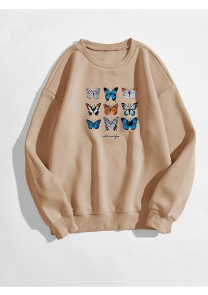 Kadın Oversize Bej Wild And Free Kelebek Baskılı 3iplik Sweatshirt