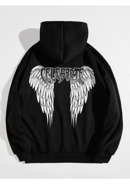 Celebrate Kanat Baskılı Ünisex Siyah Kapüşonlu Oversize Sweatshirt