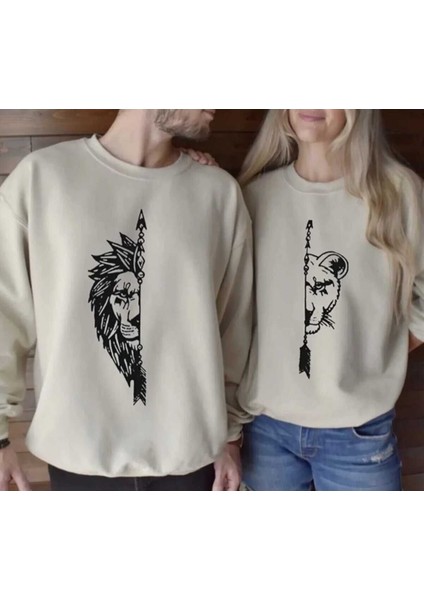 2'li Aslan/kaplan Baskılı Bisiklet Yaka Salaş Eşofman Üstü Oversize Sweatshirt