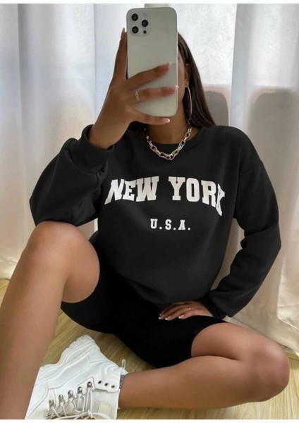 New York U.s.a Baskılı Bisiklet Yaka Ünisex Oversize Sweatshirt fiyatları