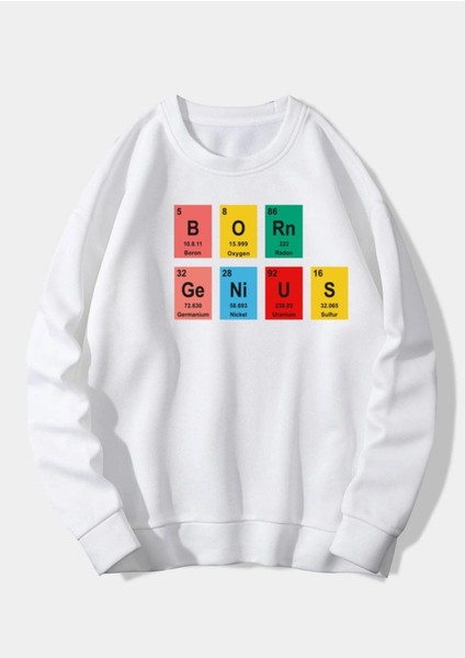 Oversize Beyaz Born Genius Baskılı 3 Iplik Sweatshirt