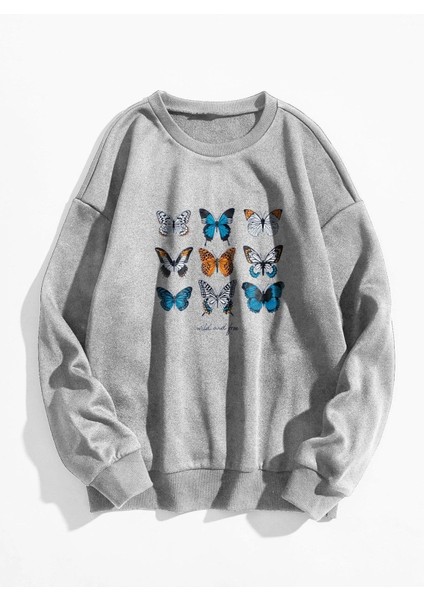 Kadın Oversize Gri Wild And Free Kelebek Baskılı 3iplik Sweatshirt