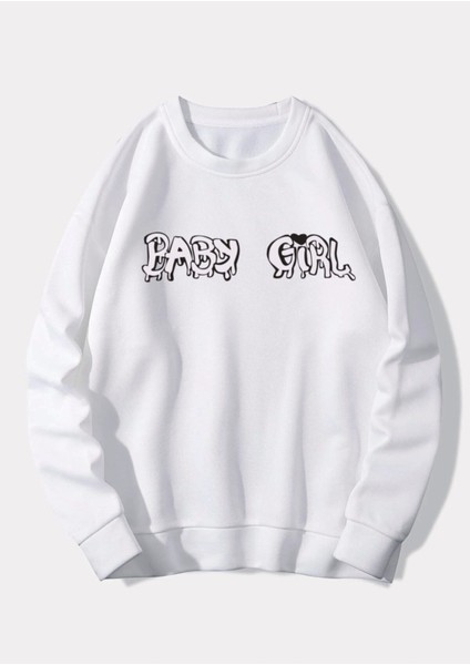 Kadın Beyaz 3iplik Oversize Baby Girl Baskılı Sweatshirt