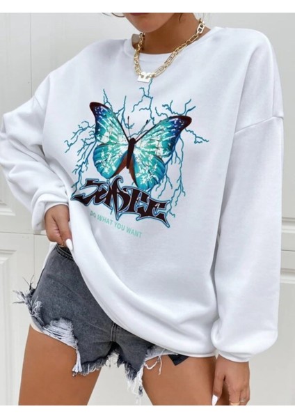 Kadın Kelebek Baskılı Oversize Sweatshirt 3iplik