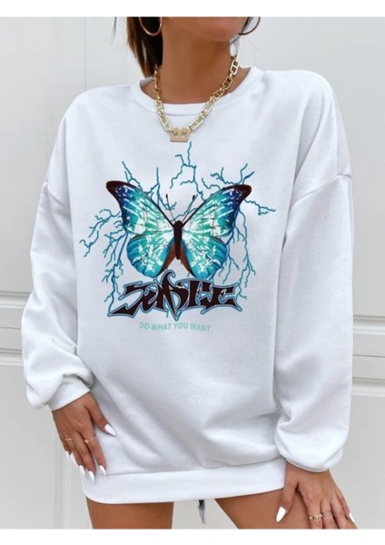 Kadın Kelebek Baskılı Oversize Sweatshirt 3iplik fiyatları