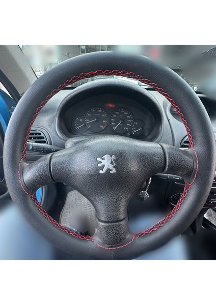 Dikişli Direksiyon Kılıfı Ithal Damarlı Siyah Deri Kırmızı Dikişli Peugeot Için