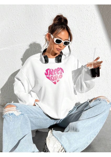 Sweet Love Baskılı Bisiklet Yaka Ünisex Beyaz Oversize Sweatshirt