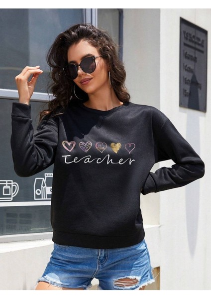 Teacher Baskılı Bisiklet Yaka Ünisex Siyah Oversize Sweatshirt